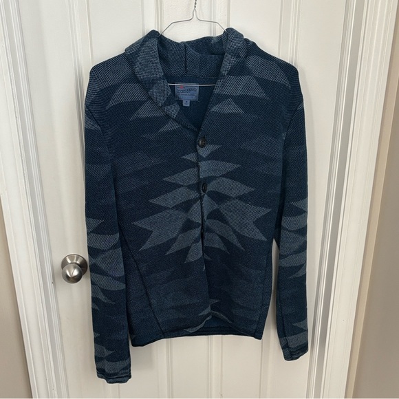 Lucky Brand Shawl Collar Button Southwestern Pattern Navy and Gray Cardigan - Picture 2 of 4